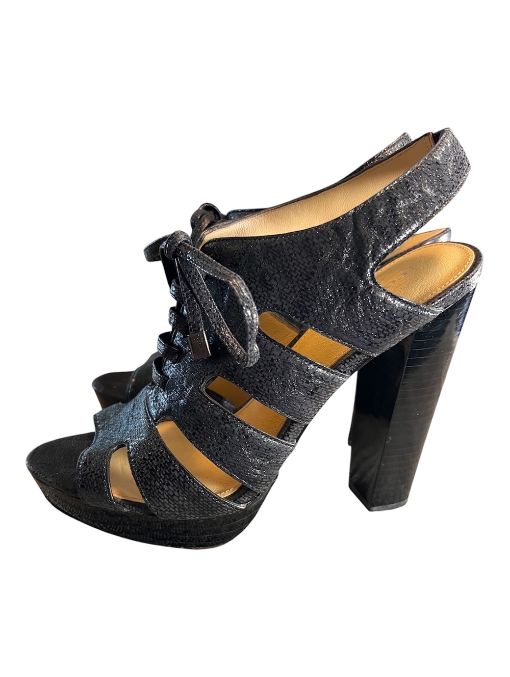 Coach Black Textured Leather Lace Up Cage Platform Block Heels Sandals 8B